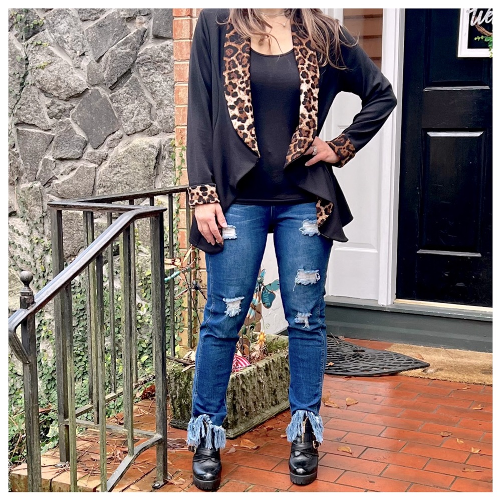 #41 Chic Black Ruffle Trim Blazer with leopard trim